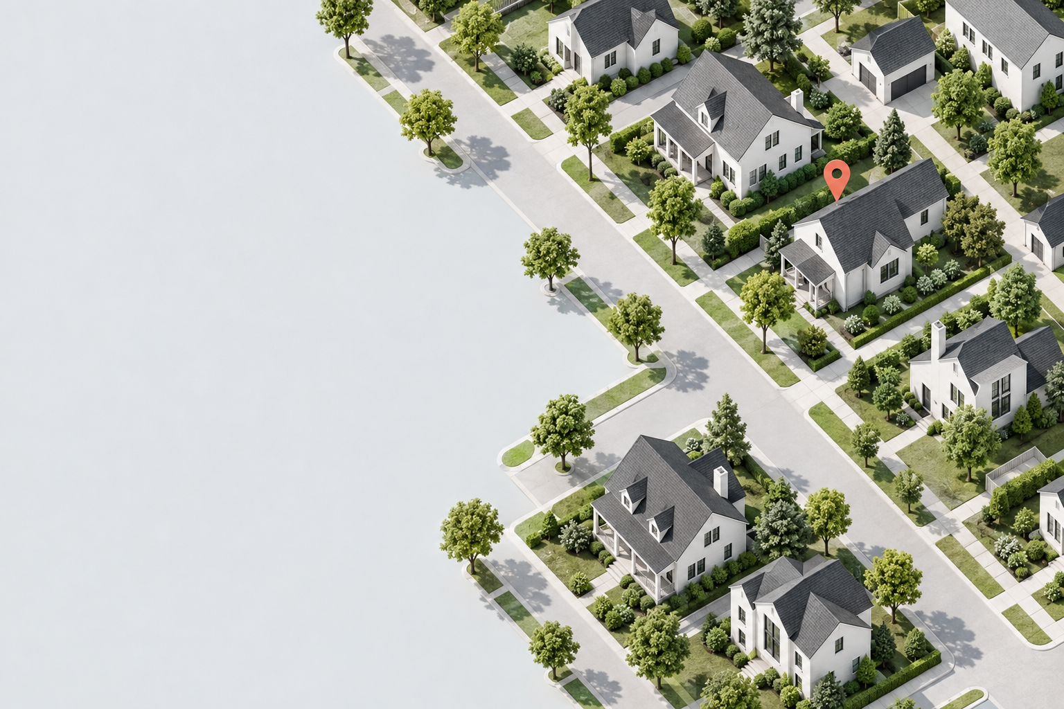 Illustrated miniature neighborhood with houses, trees, and a location pin.